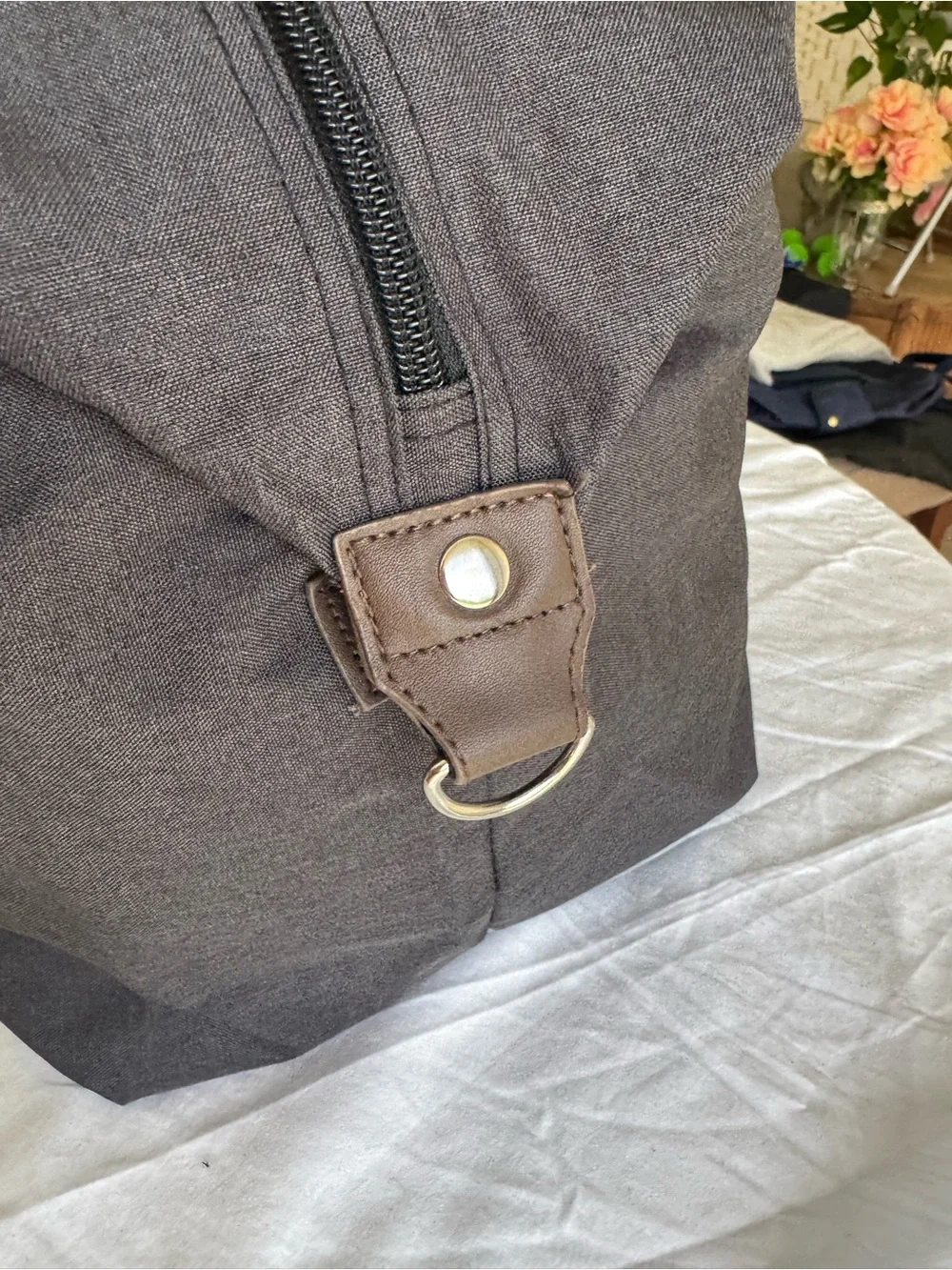 Bella Russo Canvas Duffel Bag 29”. Unisex. Dark Gray with Brown Handles